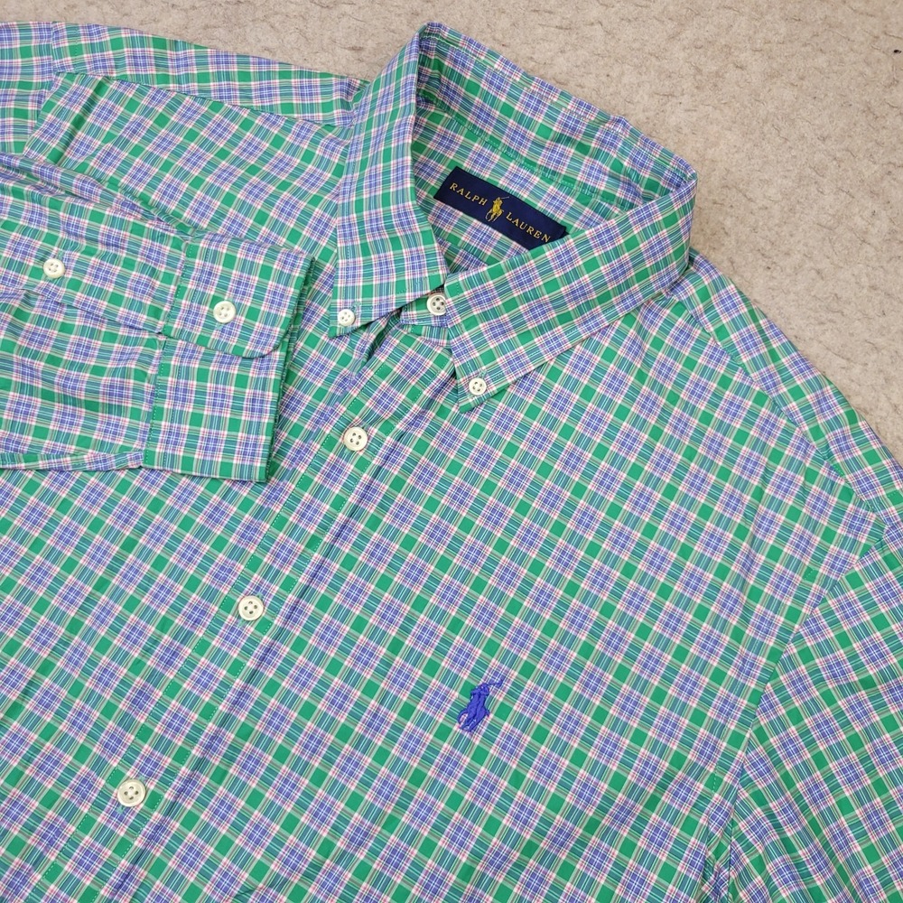 Ralph Lauren Shirt Mens L Green Plaid Long Sleeve Button Up Preppy Performance